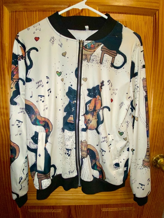 The Unbranded Brand Jackets & Blazers - Light Weight Bomber Jacket White & Black with Black Cats playing Violen MEDIUM